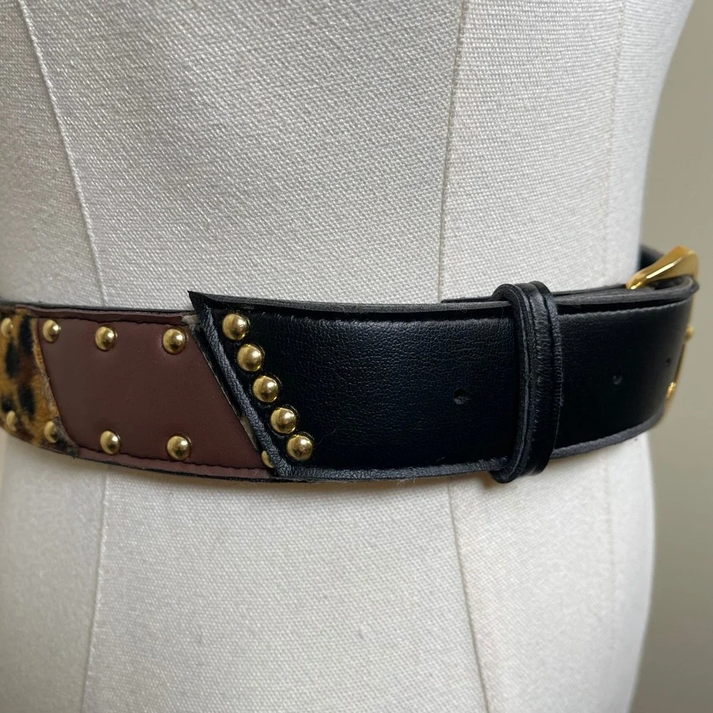Vintage Animal Print Studded Patchwork Belt Women L Multicolor Leopard Giraffe